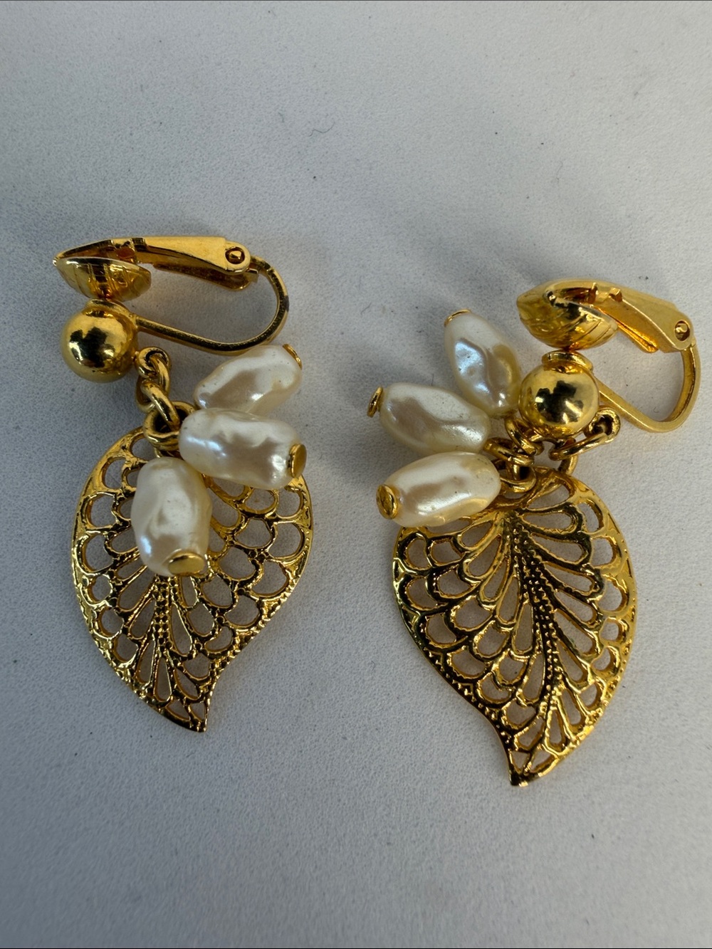 Avon Gold Filigree Leaf Earrings with White Pearl Drops
